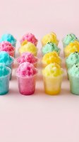 Colorful shaved ice cups in turquoise, pink, yellow, and green arranged in rows on pink background. Use for beverage, summer, dessert, and food service marketing.