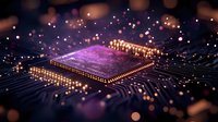 Glowing purple microprocessor on circuit board with bokeh light effects and digital connections, representing advanced computing technology and AI innovation.