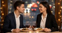 Young professional couple enjoying romantic dinner date with wine glasses at upscale restaurant with city lights bokeh background for dating lifestyle content.