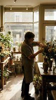 Middle-aged Caucasian male florist arranging flowers in a sunlit boutique shop, surrounded by lush plants and warm natural light.
