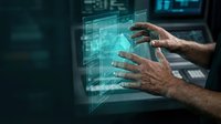 Male hands interacting with holographic digital interface display in dark tech environment. Futuristic technology concept for business, innovation, and data management applications.