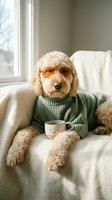 Cute poodle dog wearing green sweater and sunglasses sitting on couch with coffee mug in cozy living room for humorous pet lifestyle concepts.
