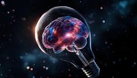 Glowing brain inside light bulb against starry space background, symbolizing innovation, creative thinking and bright ideas in technology and science.