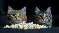 Two curious cats peeking over edge at bowl of fresh popcorn against dark background, funny pet expressions with wide eyes and alert ears focused on snack.