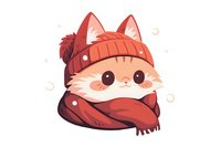 Adorable fox character wearing winter knit hat and scarf in kawaii style, warm orange and red colors on isolated background for stickers and children designs.