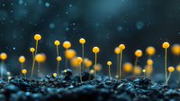 Glowing yellow mushrooms growing from dark soil against mystical blue background with bokeh lights, creating magical forest atmosphere.
