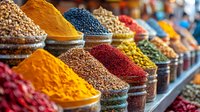 Vibrant colorful spices and seasonings in traditional market bowls, including turmeric, paprika, cumin seeds, and chili powder arranged in rows for sale.