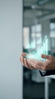 Businessman holding holographic growth chart with upward trending arrow and bar graph in modern office environment, representing financial success and data analytics.