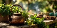 Copper teapot with fresh mint herbs on rustic wooden table in sunny garden setting for natural wellness and herbal tea preparation concepts.