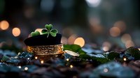 Green shamrock clover leaf on vintage golden crown against dark background with magical bokeh lights and water drops, creating mystical atmosphere.