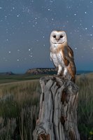 Barn owl perched on weathered tree stump in grassland under starry night sky, showcasing nocturnal wildlife in natural habitat.