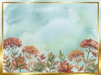 Watercolor floral card with autumn flowers in warm red and orange tones on a soft teal background framed in gold, for invitations.