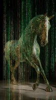 Digital horse composed of green matrix code against dark background, representing technology and nature fusion in modern digital art.