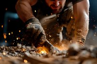 Dramatic close-up of sparks flying as craftsman works with chisel and hammer on wood in workshop, creating dynamic industrial atmosphere with glowing particles.