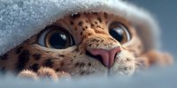 Adorable spotted wild cat kitten peeking from snowy hideout with large expressive eyes and pink nose during winter season.