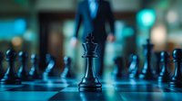 Business strategy concept with chess king piece on board and businessman in suit standing in background with blue teal lighting.