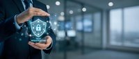 Businessman hands protecting digital shield with lock icon representing cybersecurity and data protection in modern office environment.