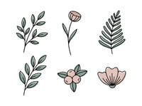Botanical line art collection featuring hand-drawn leaves, flowers and berries in minimalist style. Isolated clipart elements perfect for design projects, invitations and decorative applications.