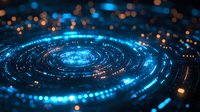 Glowing spiral of blue light particles with bokeh effect creates futuristic cosmic vortex pattern against dark background, suggesting digital technology and space.