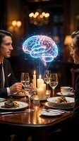 Business couple discussing ideas with glowing brain hologram at elegant restaurant dinner table with wine glasses and candles in warm ambient lighting.