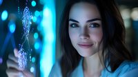 Young Caucasian woman with dark hair smiling while interacting with futuristic holographic interface displaying digital technology elements against blue bokeh background.
