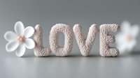 Knitted pink letters spelling LOVE with white flower decoration on neutral gray background, soft focus romantic composition for wedding and valentines designs.