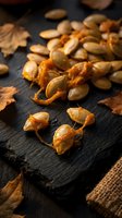 Roasted pumpkin seeds with orange peels on dark slate board surrounded by autumn leaves creating seasonal harvest snack composition for healthy eating concepts.