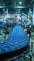 Automated conveyor line with blue bottles moving through industrial manufacturing facility with robotic arms and modern machinery for beverage production.