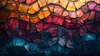 Vibrant stained glass mosaic with flowing waves in warm sunset colors transitioning to cool blues, perfect for decorative art and interior design projects.