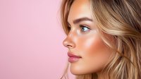 Young Caucasian woman with glowing skin, blonde wavy hair, and natural makeup in profile view against pink background, demonstrating professional beauty and skincare concept.