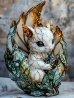 Mystical white cat figurine with golden accents nestled among turquoise and copper-toned fantasy leaves, showcasing intricate artistic details and whimsical design elements.