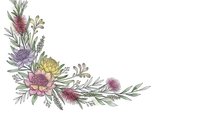 Elegant floral corner arrangement with purple chrysanthemums, pink protea flowers and green foliage on white background for wedding invitations.