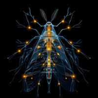 Glowing digital insect anatomy with blue translucent body and golden neural connections on black background, illustrating biological systems.