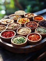 Colorful array of dried spices, herbs, nuts and seasonings in wooden bowls arranged on round wooden tray, food ingredients for cooking Asian cuisine.