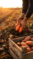 Farmer harvesting fresh carrots from soil at sunset, hands picking organic vegetables from field with wooden crate full of produce during golden hour harvest time.