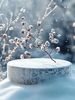 Delicate snow-covered branch with white cotton flowers resting on textured pedestal against blurred winter background creates serene seasonal atmosphere.