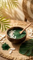 Coconut bowl with green spirulina powder mask and wooden spoon on woven mat with tropical palm leaves for natural skincare and wellness routine.
