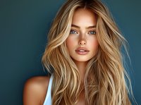 Young blonde woman with natural makeup and flowing hair against teal background, wearing white top. Professional beauty portrait showcasing fresh glowing skin.