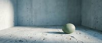 Minimalist concrete interior room with single green sphere on textured floor. Modern architectural space with natural lighting and industrial aesthetic.