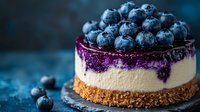 Fresh blueberry cheesecake with graham cracker crust and purple berry topping on dark background, selective focus food photography for dessert menu.