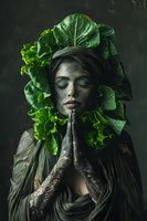 Woman with closed eyes in prayer pose surrounded by fresh green lettuce leaves, creating contrast between human and nature on dark background.