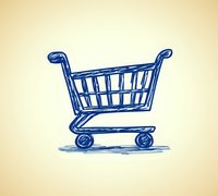 Blue sketched shopping cart on beige background, hand drawn style illustration with simple lines and casual artistic approach for retail and commerce designs.