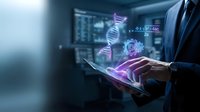Male professional in business attire holding tablet with glowing DNA helix and molecular structures, representing biotechnology, genetic research, and digital innovation in scientific development.