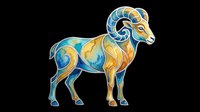 Colorful ram with swirling blue and gold tones, isolated on transparent background. Great for zodiac clipart, stickers, t-shirt design, and print on demand projects.