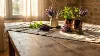 Rustic wooden table with fresh lavender bouquets in glass jars and ceramic vase, warm sunlight streaming through window creating cozy farmhouse interior atmosphere.