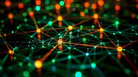Glowing network of interconnected orange and green lights forming abstract digital connections against dark background, representing technology and data flow.