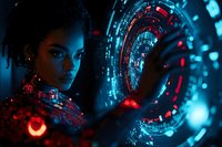 Young African American woman in futuristic setting with glowing holographic interface, illuminated by neon blue and red lights creating cyberpunk atmosphere.