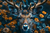 Close up portrait of male deer with antlers surrounded by orange flowers and blue foliage, creating magical forest atmosphere. Wildlife photography concept.