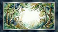 Watercolor forest frame with lush green trees and foliage creating natural border, perfect for invitations, cards, and botanical design projects.