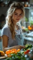 Young Caucasian woman with blonde hair in denim apron preparing fresh vegetables in kitchen. Natural lighting creates warm atmosphere while she slices cucumbers.